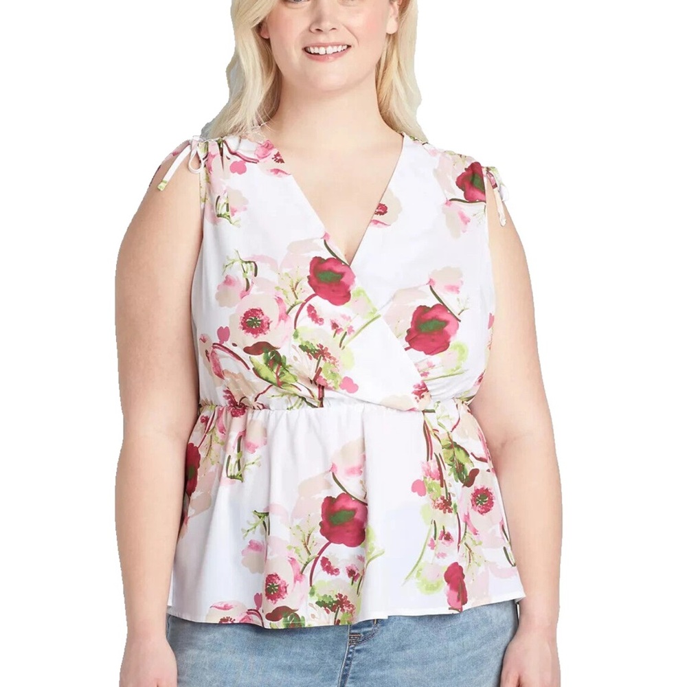 Lane Bryant White Floral Drawstring-Shoulder Peplum Top SIZE 34/36 or 6x